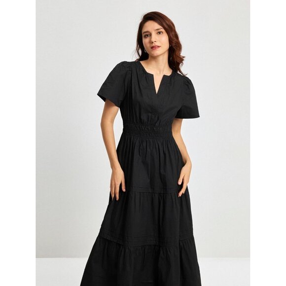 Women's Black Cotton Maxi Dress with V Neck Short Sleeves Flowy Summer - Picture 3 of 6